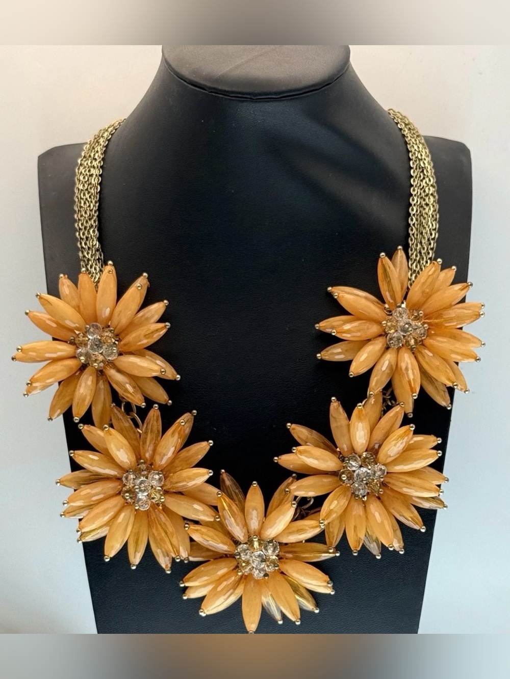 Talbots Orange Flower Statement Necklace Gold Tone Floral Resin Bib Chain